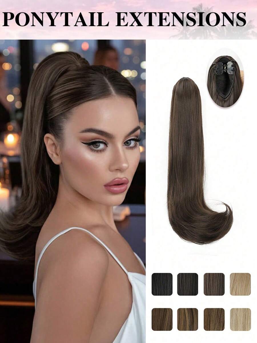 18英寸爪夹式马尾辫，合成波浪直发马尾辫接发，夹式马尾辫假发，蓬松日常马尾辫，女士适用 - 彩色 - 查看 1