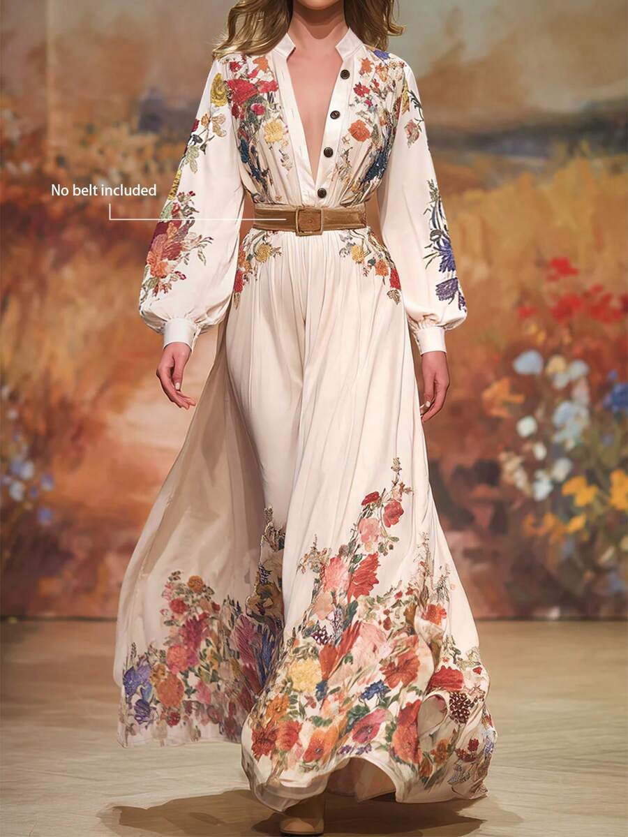 (Không kèm thắt lưng) Đầm in họa tiết tranh sơn dầu cổ điển, tay áo phồng màu trơn + cổ đứng nhỏ, đầm dài thanh lịch, ôm dáng, phong cách retro lãng mạn, thích hợp cho tiệc chiêu đãi, liên hoan, hẹn hò. - Màu be - Xem 1