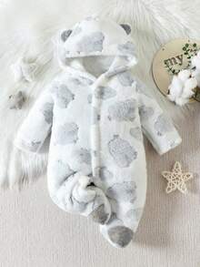 1pc Newborn Animal Print Fleece Hooded Romper For Baby Boys, Comfortable Sleepwear - Light Grey - View 2