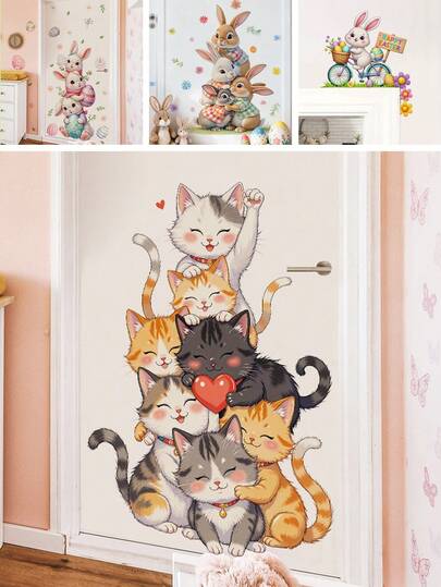 BRUP 1 Sheet Cartoon Cat Wall Stickers, With Stack Of Cute Rabbits, Cute Animals Decals For Girls Nursery Bedroom Door Decor,Removable Peel And Stick, Spring Easter Theme Art