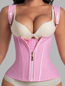 Body Shaper Shapewear Women Double Tummy Control Compression Waist Trainer Corset Adjustable Zipper And Hook-Eyes Flat Belly - Pink - View 1