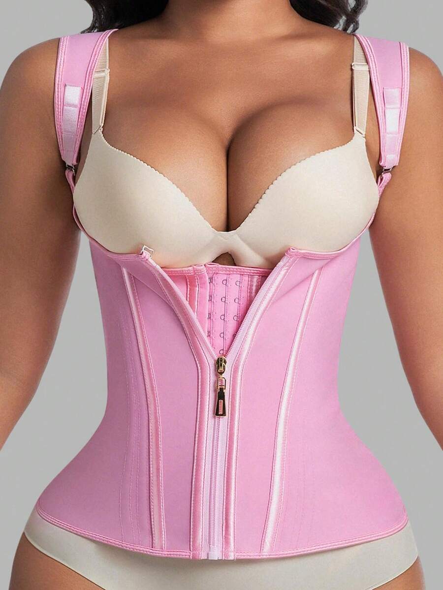 Body Shaper Shapewear Women Double Tummy Control Compression Waist Trainer Corset Adjustable Zipper And Hook-Eyes Flat Belly - Pink - View 1
