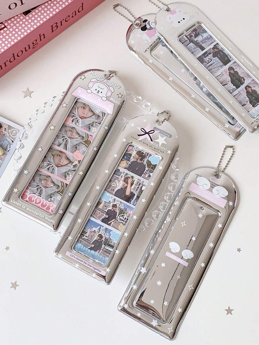 1pc Shiny Silver 4-Slot ID Card Holder, Student ID Badge Reel, Idol Fan Card Sleeve