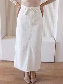Livesso 女士抽绳系腰超长休闲牛仔裙 - 白色 - 查看 4