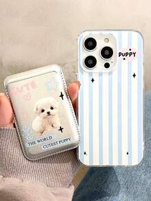 1个蓝白磁吸卡通可爱狗狗条纹手机壳 + 磁吸PU皮革卡包钱包 TPU防震保护套，兼容 11/12/13/14/15/16/17/Pro Max - 藍白色 - 查看 1