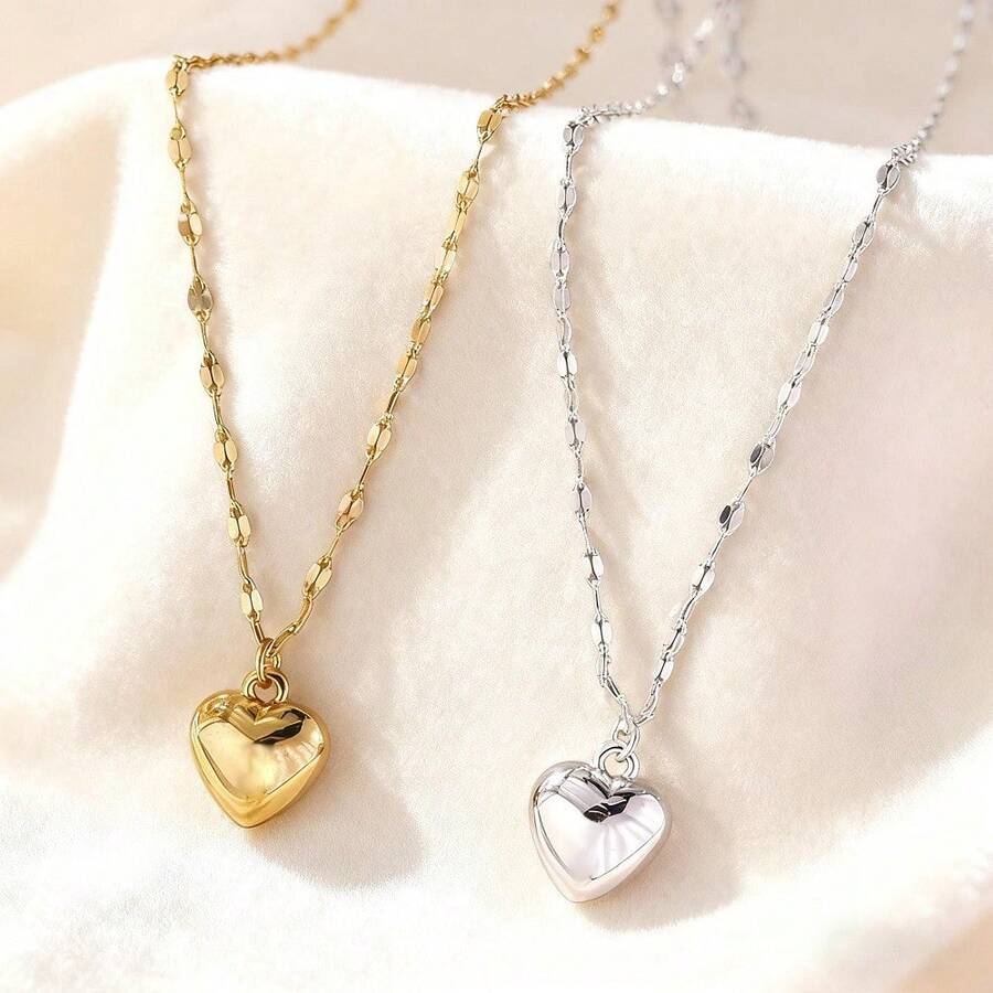 1件套光滑3D心形吊坠项链，女士情人节项链，金色心形颈链，日常佩戴项链 - 愛心吊墜項鍊 - 查看 1