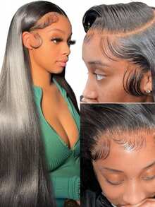 直发高清透明蕾丝前假发，真人发丝，13x4，无需胶水，巴西原生发际线，200%密度，预先拔毛，带婴儿发，黑色，24英寸 - Natural Black - 查看 2