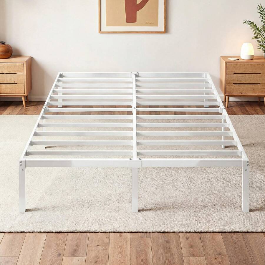 SHA CERLIN Twin/Full/Queen/King Size Bed Frame, White, 14 In Metal Platform Bed With Heavy Duty Steel Slat Support, Under-Bed Storage Space, No Box Spring Needed, Easy Assembly, Stable Structure, 800 LB Weight Capacity - 白色 - 查看 1