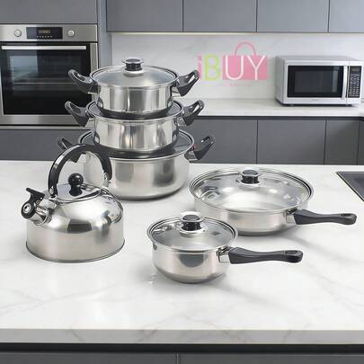 12 Piezas BateríA De Cocina De Acero Inoxidable De , Juego De 12 Utensilios De Cocina De Acero Inoxidable, BateríA De Cocina De Acero Inoxidable De Doble Asa, Juego De Utensilios De Cocina Con Mangos Resistentes Al FríO, Ollas Y Sartenes Adecuadas Para Todas Las Estufas, Aptas Para Lavavajillas, BateríA De Cocina Con Tapa, Placa De InduccióN, Olla De Fierro Vaciado,Juego De Utensilios De Cocina De Acero Inoxidable Resistentes Y PortáTiles, Olla Antiadherente, Olla De Acero Inoxidable Para El Hogar, Utensilios De Cocina De Acero Inoxidable, Juego De Ollas Para Cocinar, Juego De Utensilios De Cocina Para El Hogar Con Tapa De Vidrio, Olla Resistente Para Cocinar En Interiores Y Hacer Sopas Y Salsas