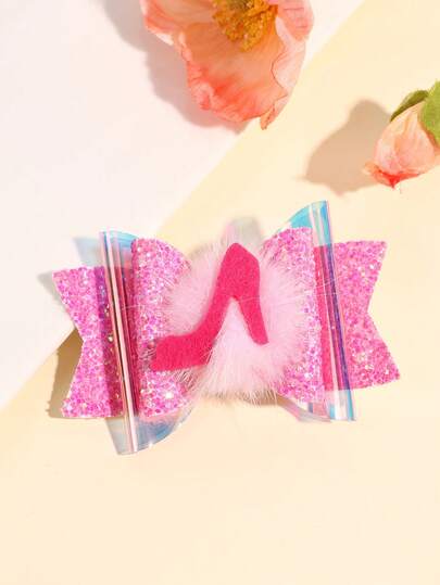 1pc Pink High-Heel Shoe Hair Bow For Women Sparkling Pink Glitter Bow Hair Clip White Pom-Pom Hair Barrette Princess Style Bow Alligator Clip For Party Women Hair Accessories