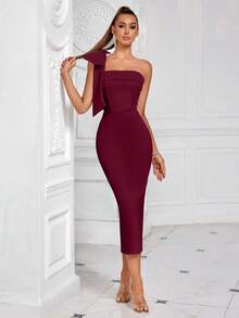 ADYCE 비대칭 네크라인 단색 보우 타이 장식 슬릿 백리스 미디 길이 칵테일 파티 드레스, 생일, 결혼식 하객, 졸업식, 디너 파티, 홈커밍 및 기타 행사에 적합한 우아한 세미 정장 가운, 우아한 여름 새해 드레스 - 버건디 - 보기 7