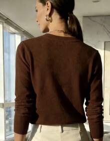 WOMEN'S LONG SLEEVE KNITTING BLOUSE WINTER BASIC ROUND NECK SWEATSHIRT - Cà phê nâu - Xem 2