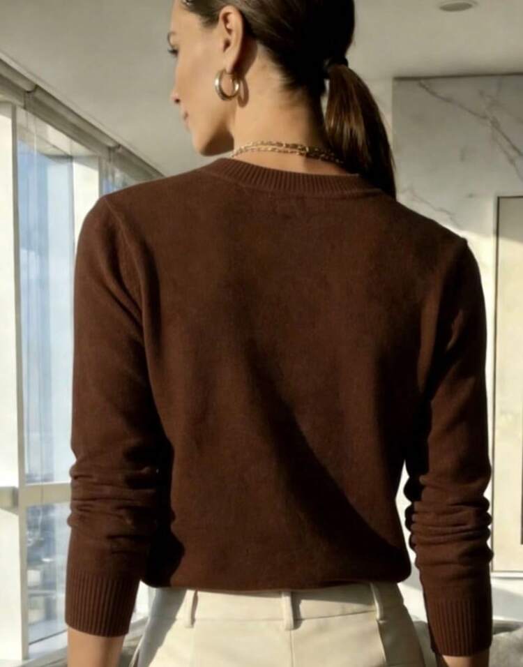 BLUSA FEMININO TRICOT MANGA LONGA INVERNO BASICA Sueter GOLA REDONDA - Café - Visão 2