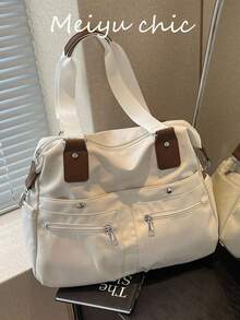 新款时尚经典多功能纯色大容量多口袋撞色便携单肩包，女士休闲帆布斜挎包，轻便校园手提包，适合校园出行。也可用于通勤上班和购物。 - 白色 - 查看 9