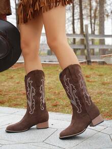2026 New Women's Casual Fashion Square Toe Embroidered Chunky Heel Western Boots - Coffee Brown - View 2