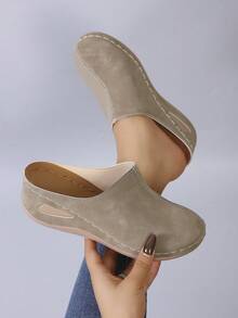 Women's New Round Toe Casual Slip-On Wedge Heel Loafers - Khaki - View 2