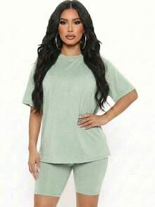 2pcs Loose Fit Top & Biker Shorts Set For Women, Solid Color Round Neck Machine Washable Comfy Basic Loungewear Sets For Summer Spring Fall - Green Bay - View 1