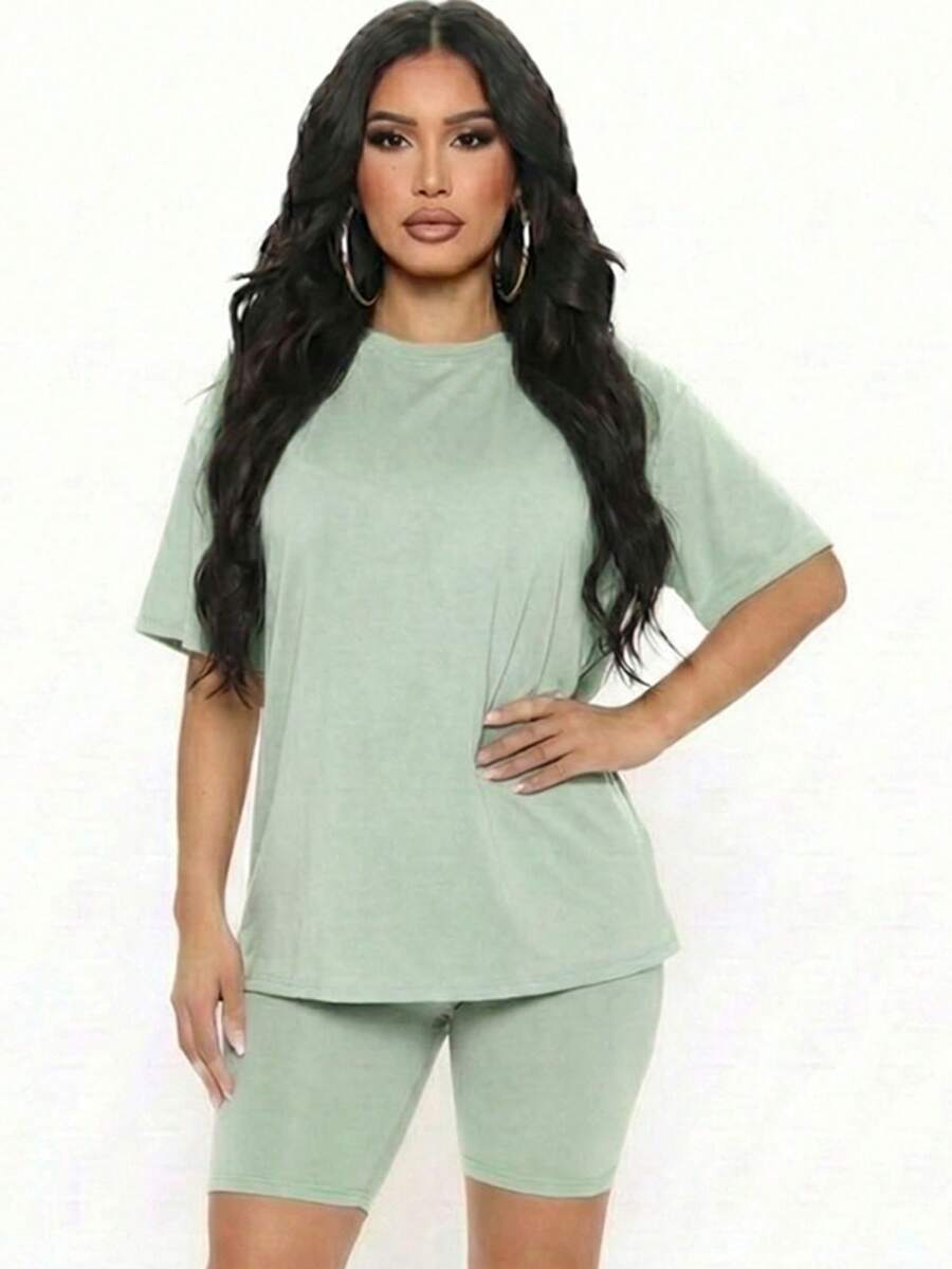 2pcs Loose Fit Top & Biker Shorts Set For Women, Solid Color Round Neck Machine Washable Comfy Basic Loungewear Sets For Summer Spring Fall - Green Bay - View 1