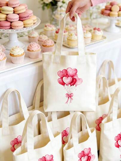 1/5/10pcs Reusable Canvas Pink Heart & Bow Romantic Theme Gift Tote Bags, Suitable For Birthday, Valentine's Day, Mother's Day, Anniversary, Back To School, Graduation Party, Girls' Theme Party, Bridal Shower, Pool, Beach, SPA Party, Bachelorette Party, Wedding Favors