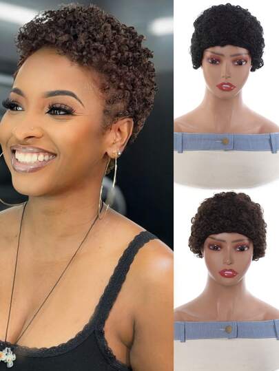 Black Short Curly Synthetic Wigs Natural Realistic Full Machine Made For Women Afro Kinky Curly Style Daily Suitable For Women's Daily Wear And Gatherings