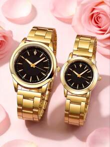 2件套时尚商务休闲情侣手表，多功能圆形表盘钢带石英表，情侣礼品套装，适合返校、派对、婚礼、节日、户外活动、万圣节、圣诞节和日常佩戴，情侣最佳礼物 - 金色 - 查看 9