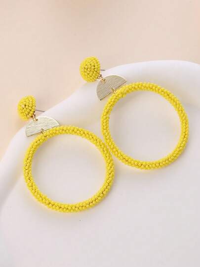 1 Pair Handmade Beaded Woven Large Hoop Earrings, Yellow, Fashionable & Unique, Suitable For Women, Spring/Summer Outfits, Travel, And As Gifts