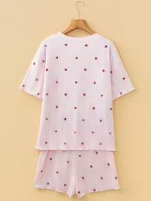 Acelitt 夏季浅粉色情人节心形印花罗纹针织宽松高腰阔腿裤家居服套装 - 彩色 - 查看 5