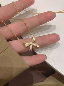 1pc Delicate Minimalist Bow Pendant Necklace For Women - Gold - View 9