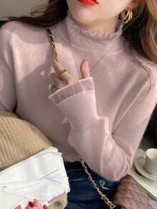 女士秋冬荷叶边高领毛衣 - 粉色 - 查看 1