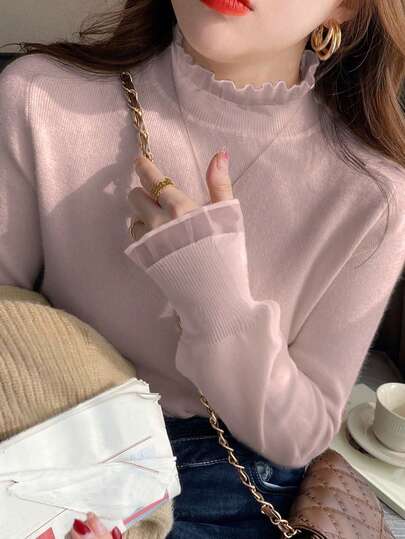 女士秋冬荷叶边高领毛衣