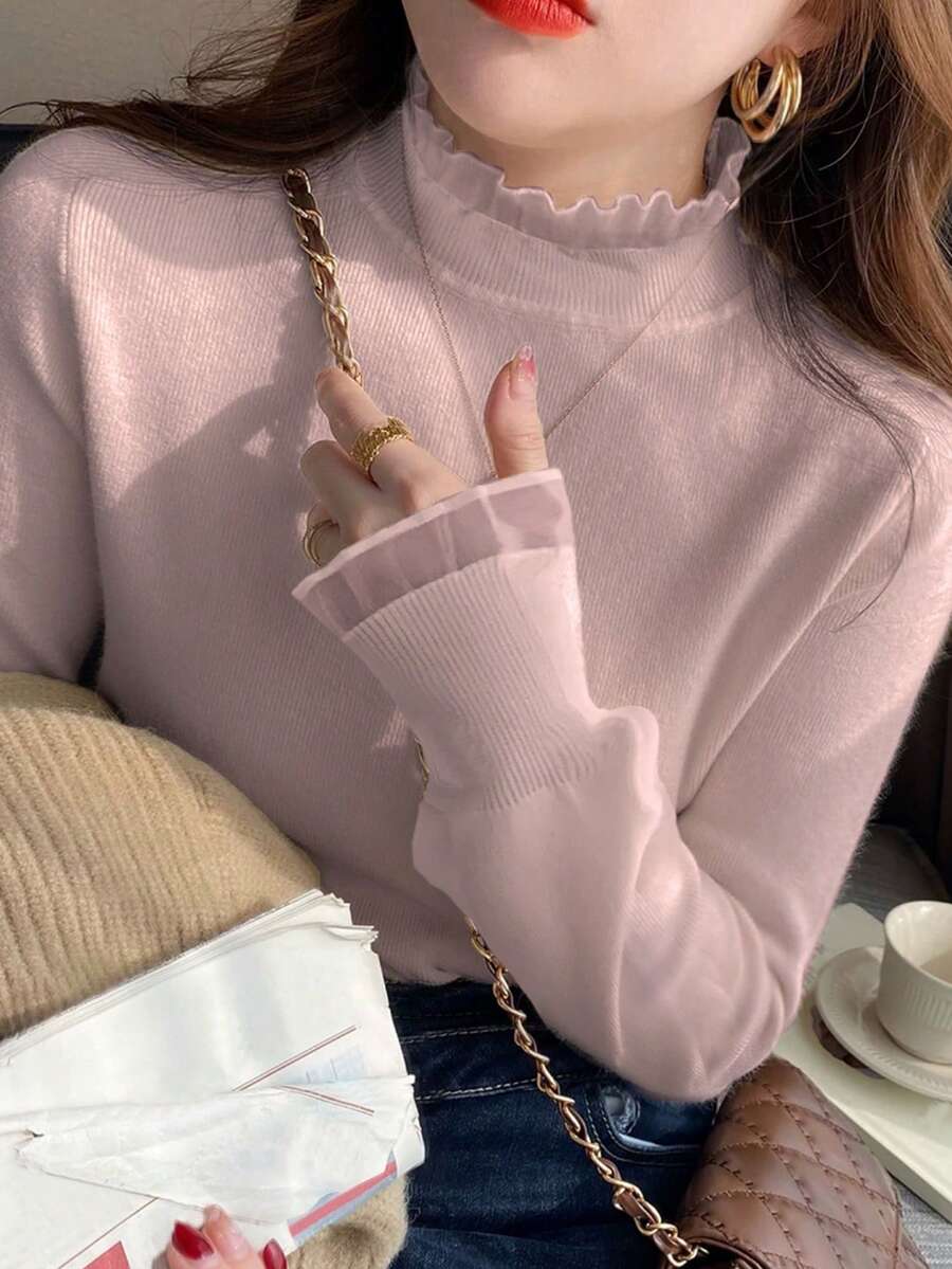 女士秋冬荷叶边高领毛衣 - 粉色 - 查看 1