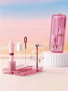 5pcs Baby Portable Silicone Bottle Cleaning Set, Multi-Functional Travel Outdoor Kit, Baby Nipple Brush Dryer Rack Set, Pink Portable Outdoor Bottle Cleaning Kit - Multicolor - View 3