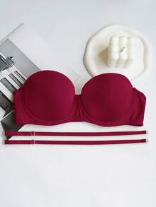 Women's Elegant Silky Strapless Padded Bra, Solid Color, Removable Straps, Suitable For Formal Occasions - Red - View 4