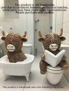 趣味浴室装饰 - 高地牛在马桶桶上读书雕像，农舍风格浴室装饰，树脂材质，可用作家庭办公室装饰或礼物，无需用电，幽默设计，丰富的纹理细节，非常适合圣诞节、感恩节、趣味生日礼物。 - 馬 - 查看 8