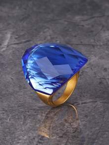 Luxury High-Quality Royal Blue Ring For Women - Stainless Steel Plated In 18K Gold With Artificial Blue Sapphire/Synthetic Sapphire Gemstone - Valentine's Day Gift - Blue - View 6