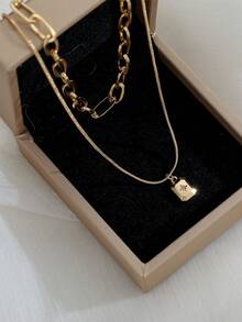 2pcs Versatile Layered Rectangular Copper Micro-Inlaid Sparkling Zirconia Necklace For Women - Yellow Gold - View 2