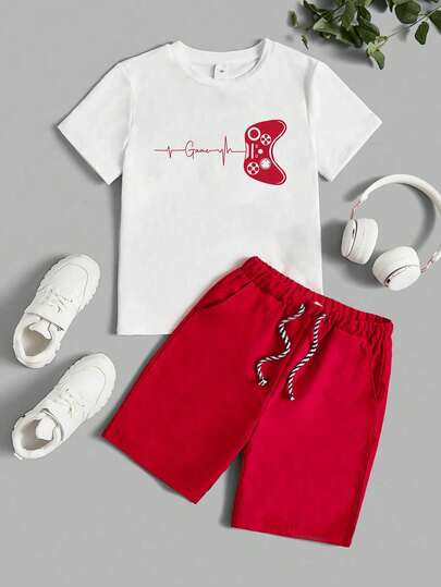 2pcs/Set Toddler Boys' Casual Cartoon Print Short Sleeve T-Shirt And Shorts Set