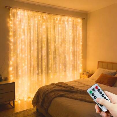 遥控LED窗帘灯，8种灯光模式，USB供电，适用于婚礼、卧室、花园、派对、礼品、各种节日装饰