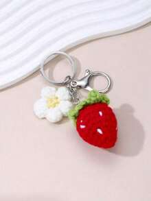 1pc Fashionable & Cute Handmade Crochet Strawberry Flower Keychain, Suitable For Commuting, Work, Travel, Party, Car Keys, House Keys To Prevent Loss - Multicolor - View 6