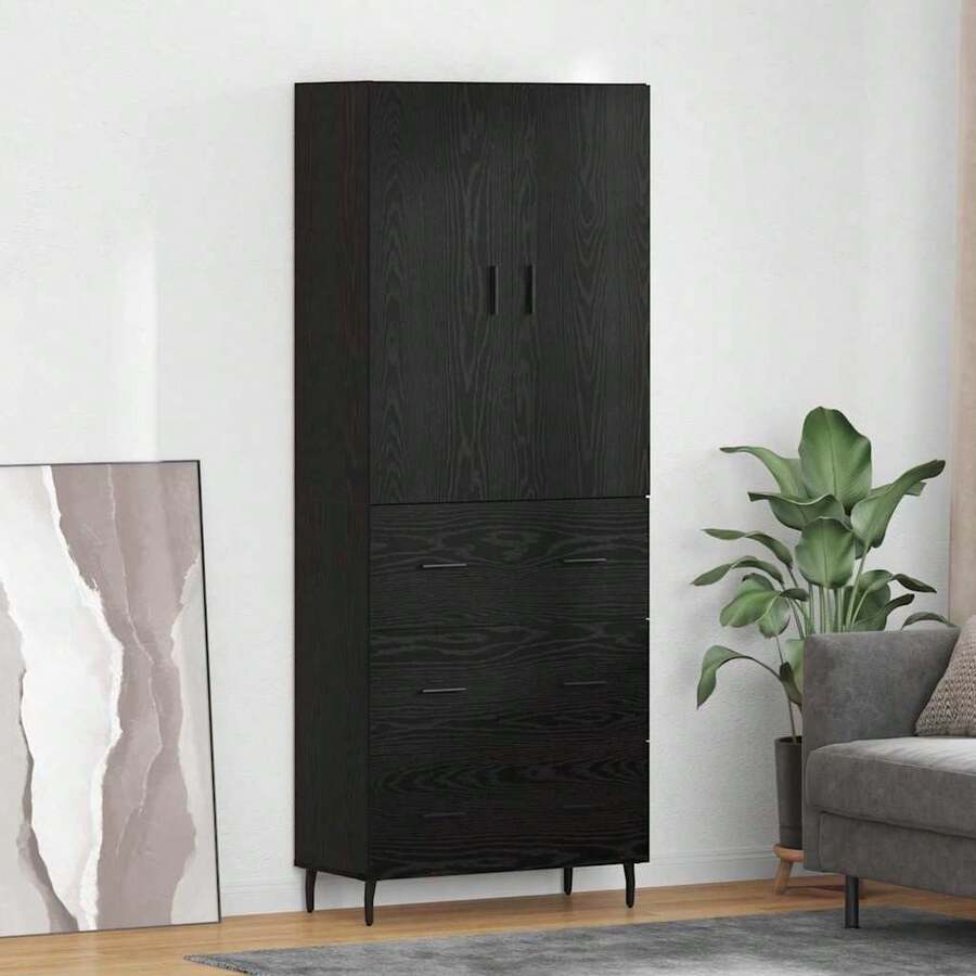 vidaXL 2 Stück Highboard In Schwarzeichen-Optik Aus Engineered Wood Und Glas - Black - View 1