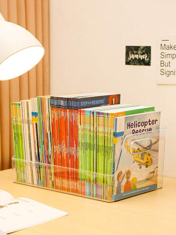 1pc Children's Book Storage Box, Transparent Large Capacity Storage Box, Suitable For Children's Preschool Books, Cartoon Picture Books, Book Storage Baskets, Children's Bedroom Desks, Stationery And Book Storage Baskets, Multifunctional Storage Boxes, Home Decoration Storage And Sorting Boxes