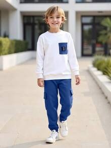 2pcs/Set Boys Spring/Autumn Round Neck Sweatshirt And Casual Pocket Pants Set, White Pullover And Sportswear Outfit For Toddler/Kids - Blue - View 4