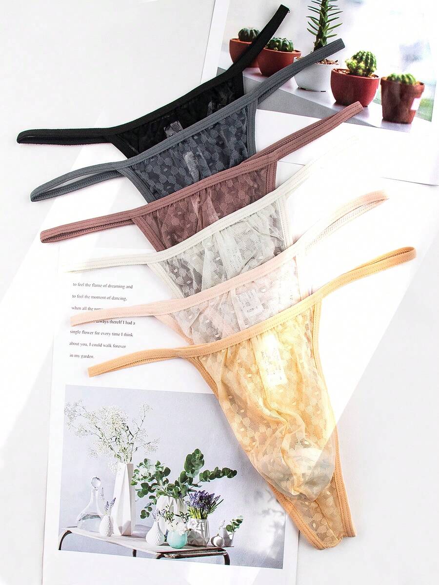 6-Piece Men's Sexy Lace Thong, Fashionable Lace Printed See Through Mesh Hollowed Out Bikini Triangle, Comfortable, Breathable, Elastic Low Waist Underwear, Suitable For Daily And Special Occasions - 混合色 - 查看 1