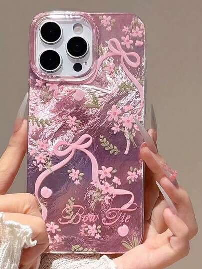 1pc Fashionable & Cute Spring IMD Colorful Floral Pink Bow Phone Case, Bowknot Phone Protective Cover Compatible With IPhone 17/16/15/14/13/12/11/15 Pro Max