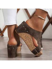 Thick High Heel Wedge Sandals For Women With Open Toe, Non-Slip, Stylish And Versatile, Vintage Design Waterproof Platform Outdoor Wear Women's Shoes Valentines - màu nâu - Xem 3