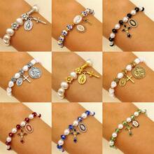 Vintage Cross Virgin Mary Pendant Bracelet Oval Portrait Tag Flower Pearl Bracelet Women's Jewelry - 01 古金 M-432 - 查看 1