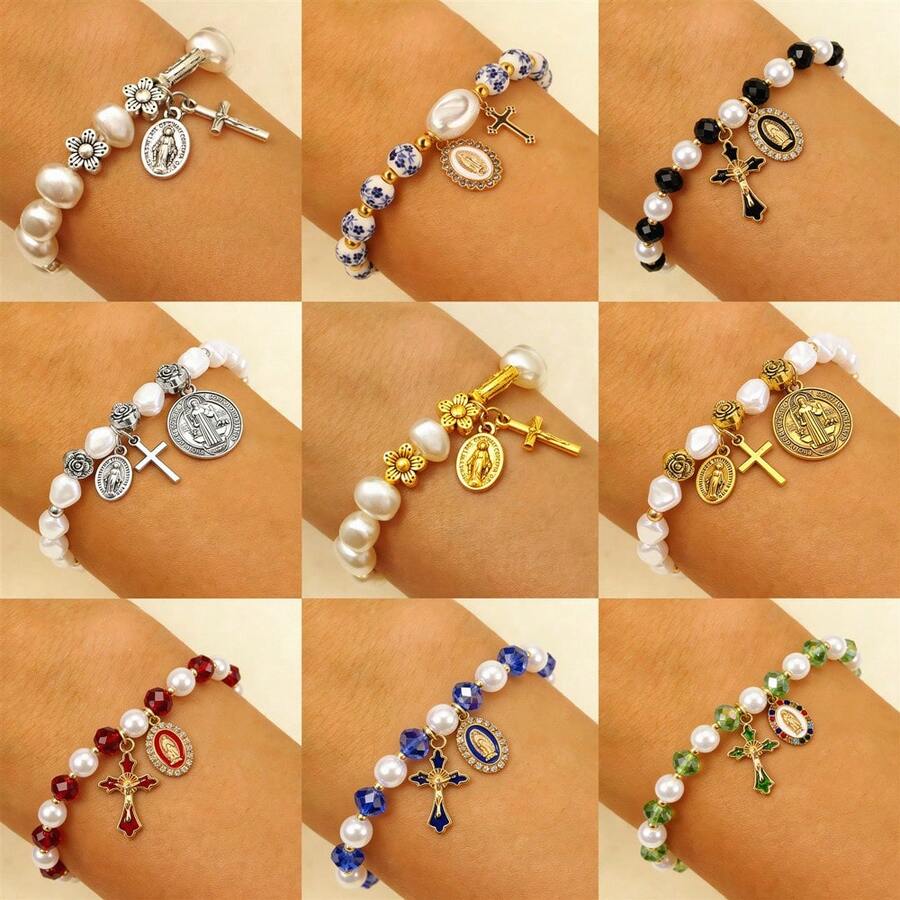Vintage Cross Virgin Mary Pendant Bracelet Oval Portrait Tag Flower Pearl Bracelet Women's Jewelry - 01 古金 M-432 - 查看 1