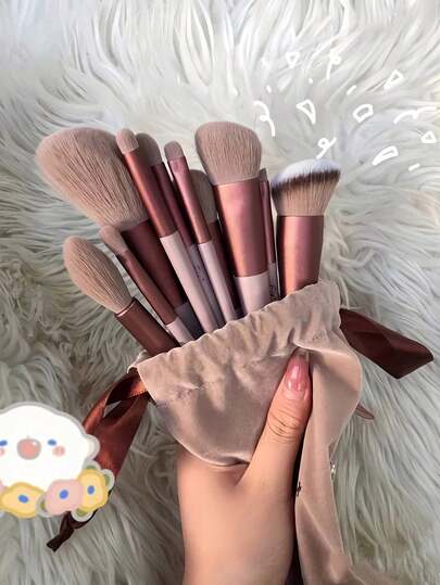 13pcs Makeup Brush Set, Including Foundation Brush, Eyeshadow Brush, Makeup Brush, Cleaning Brush, Reddish Brown, Valentine's Day Gift, Holiday Party Gift Set, Suitable For Women, Mothers, Family, Friends, Full Of Thoughtfulness