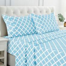 Lux Decor 4-Piece Quatrefoil Bed Sheet Set, Soft Brushed Microfiber Bedding With 16-Inch Deep Pocket Fitted Sheet, Breathable Hotel Luxury Sheets And Pillowcases, Fade And Wrinkle Resistant Bedding For Bedroom, Guest Room And Dorm - 水藍色 - 查看 2
