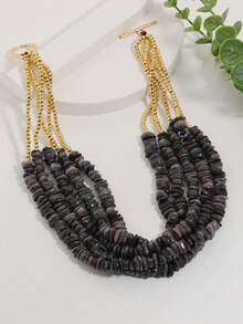 Collar de cuentas multicapa retro, combinación de cuentas de oro lujosa, cadena de clavícula con broche OT, diseño único con piedras dispersas, collar de atmósfera versátil - Cuentas de guijarros de colores - Ver 4